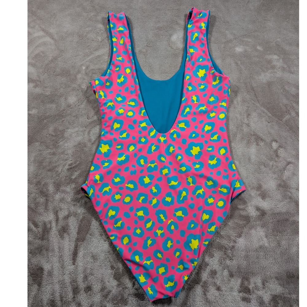 Miami Fitwear One Piece Swimsuit Women XL Pink Teal Neon Leopard Scoop Back